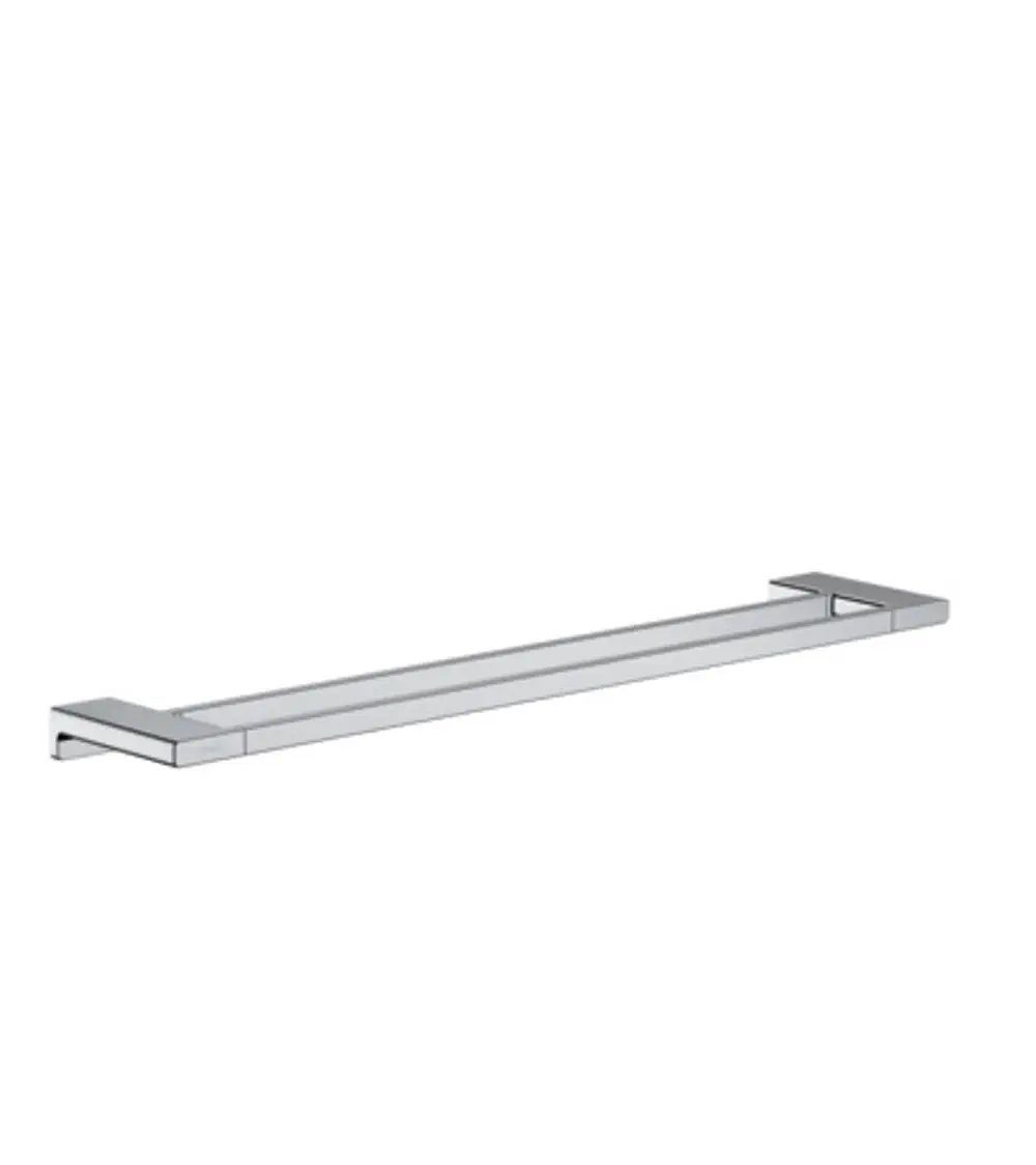 Doppelbadetuchhalter aus verchromtem Material, rechteckiges Design, Montage an der Wand, von der Marke Hansgrohe.